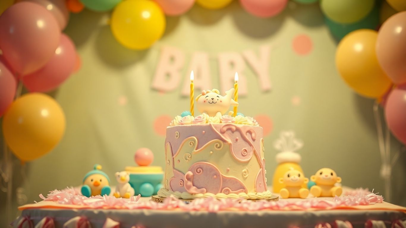 Unique themed baby shower decorations and cake.