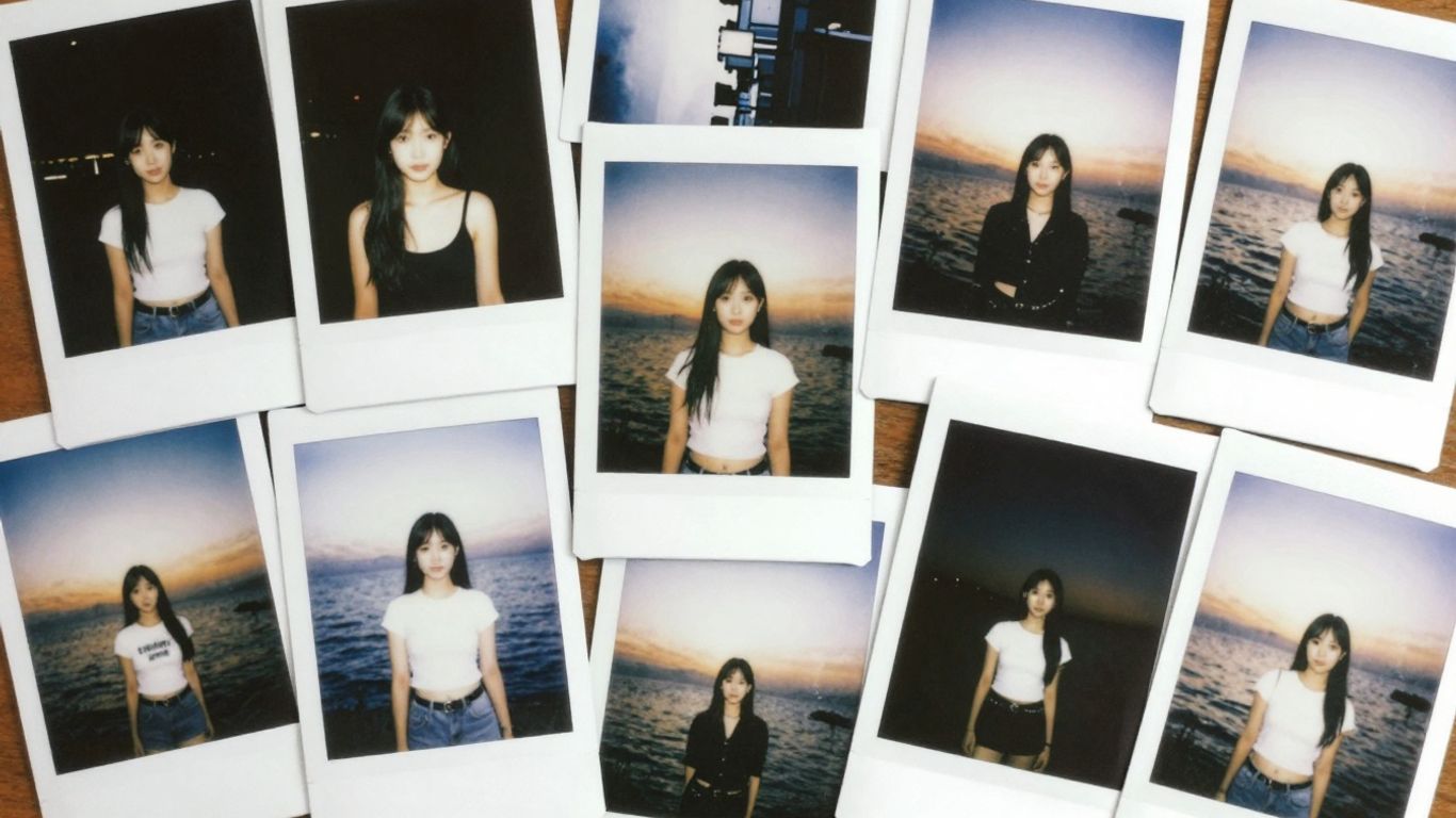 Polaroid foto's met diverse onderwerpen en witte randen.