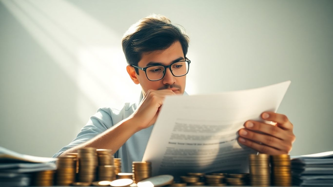 Financial documents, coins, and bills illuminated by sunlight.