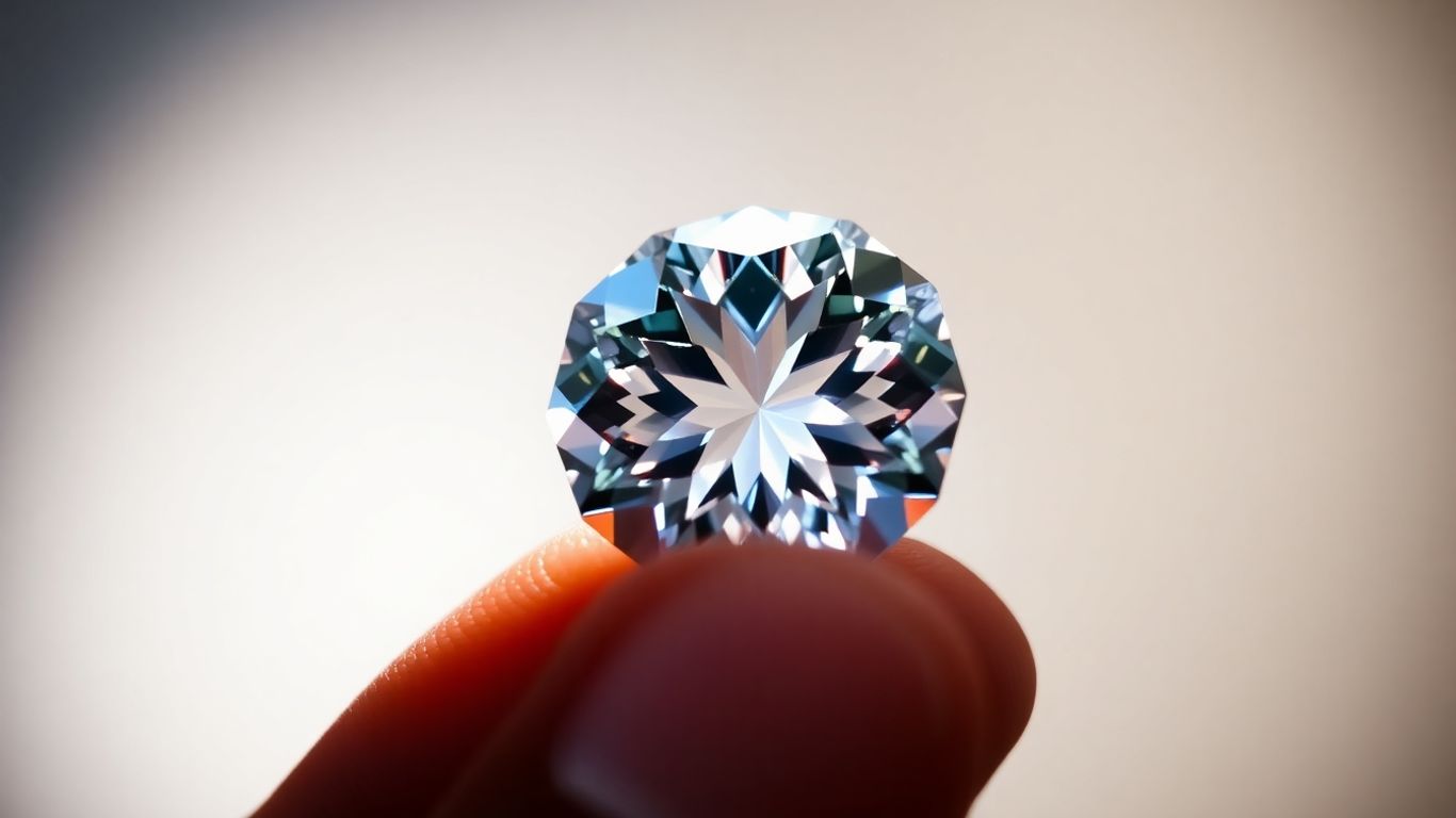Sparkling moissanite gemstone held between fingers, showing brilliant light reflection.