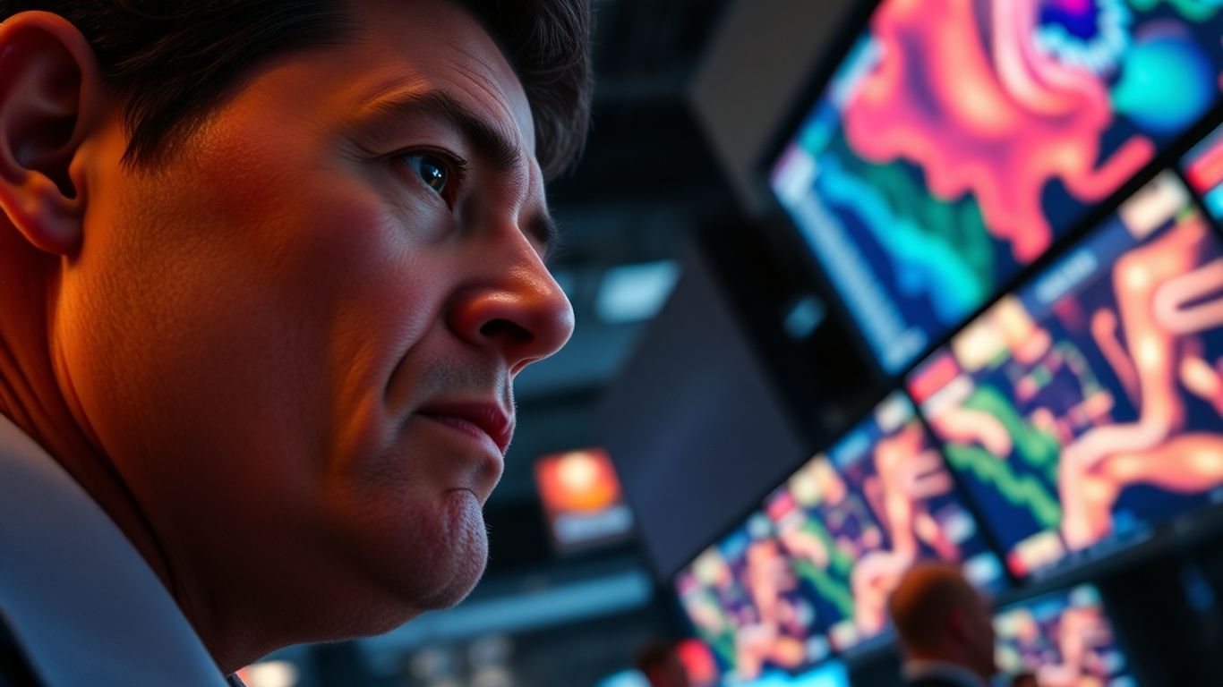 Day trading simulator screens and focused trader.
