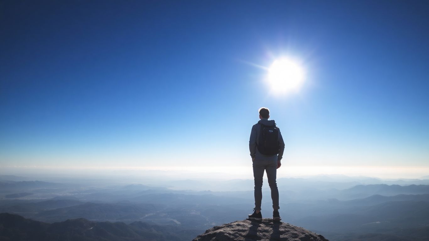 Bergsteiger auf Gipfel mit Rucksack und Aussicht