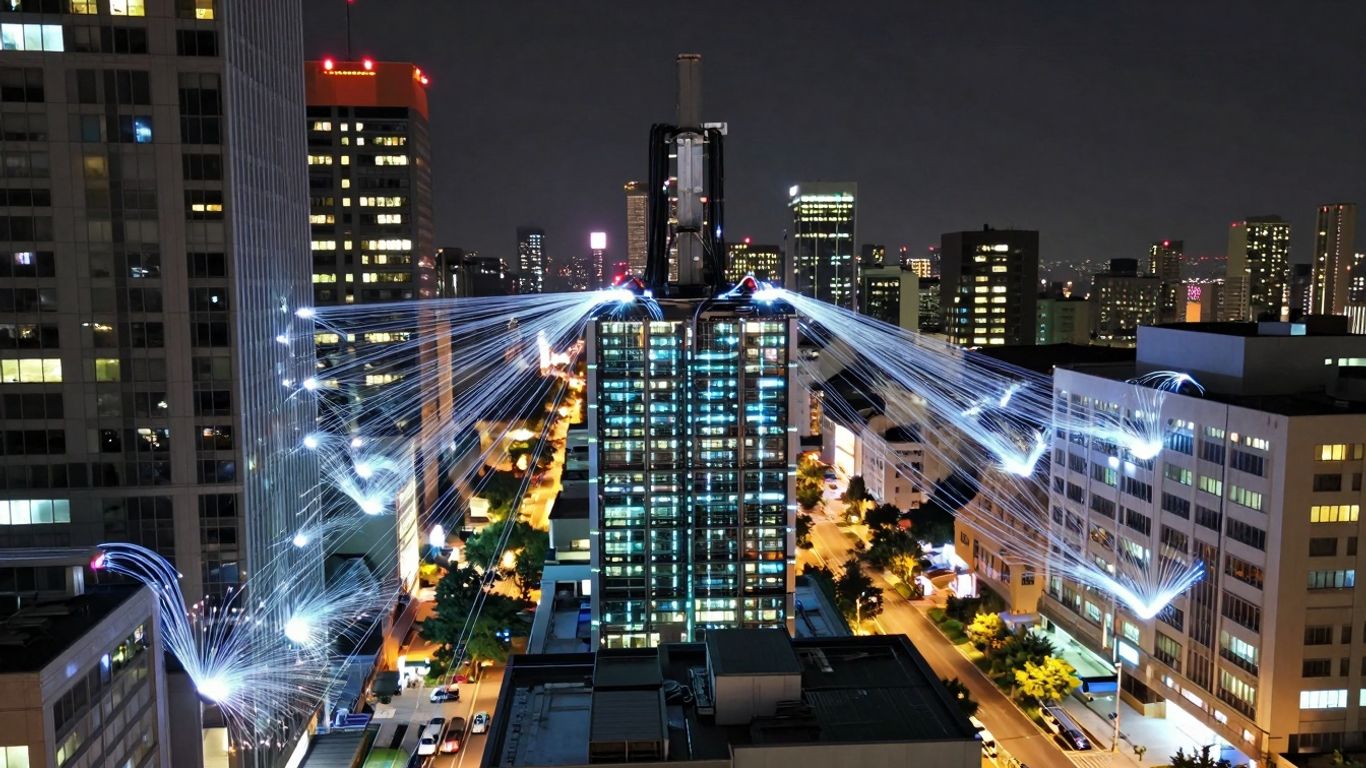 Oraș conectat digital cu cabluri luminoase.