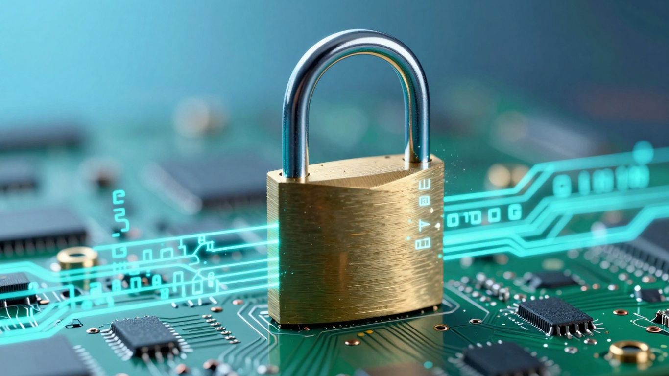 Integrated security in digital infrastructure with code and padlock.