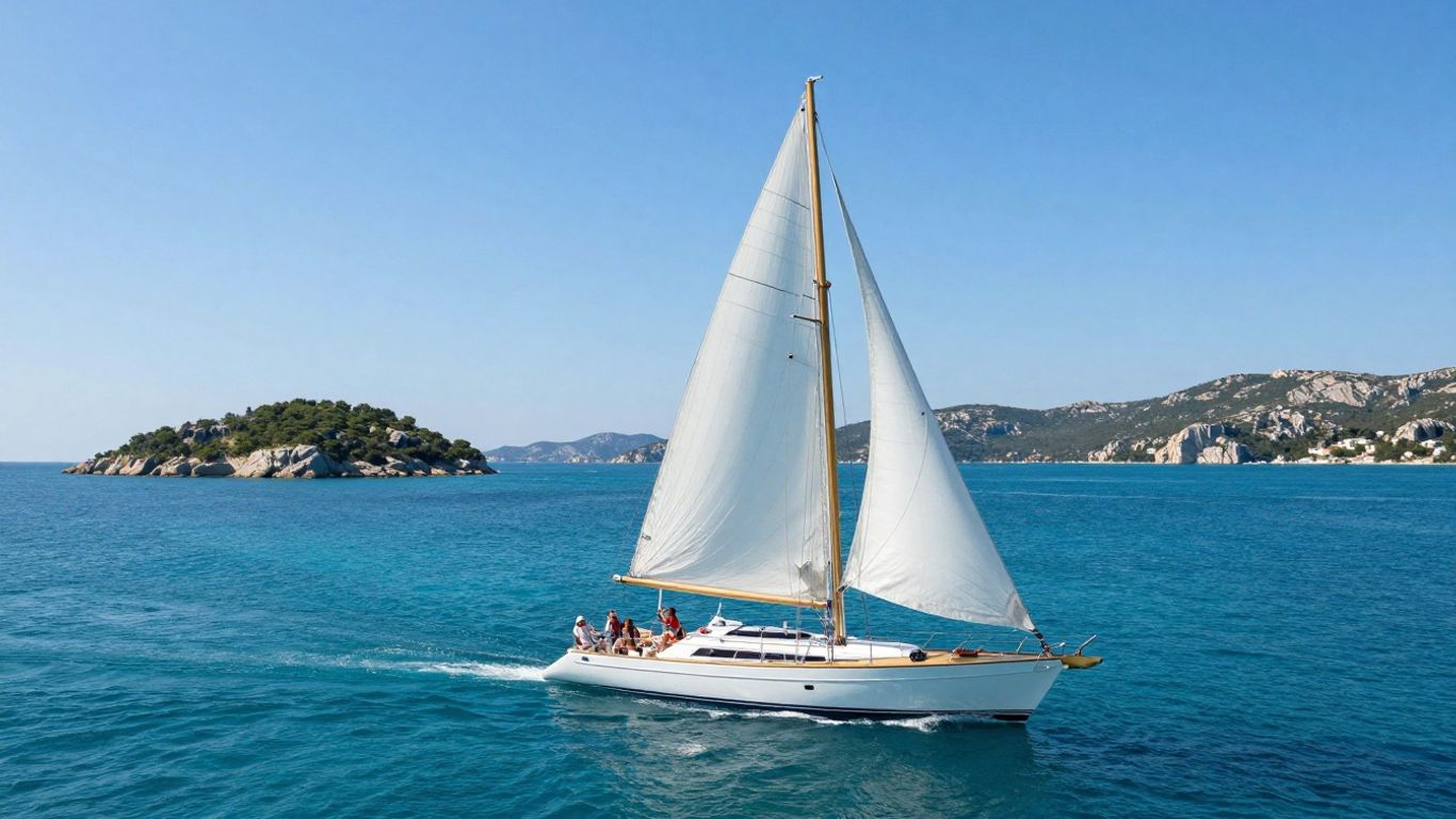 Sailing yacht on clear turquoise water near Croatian islands.