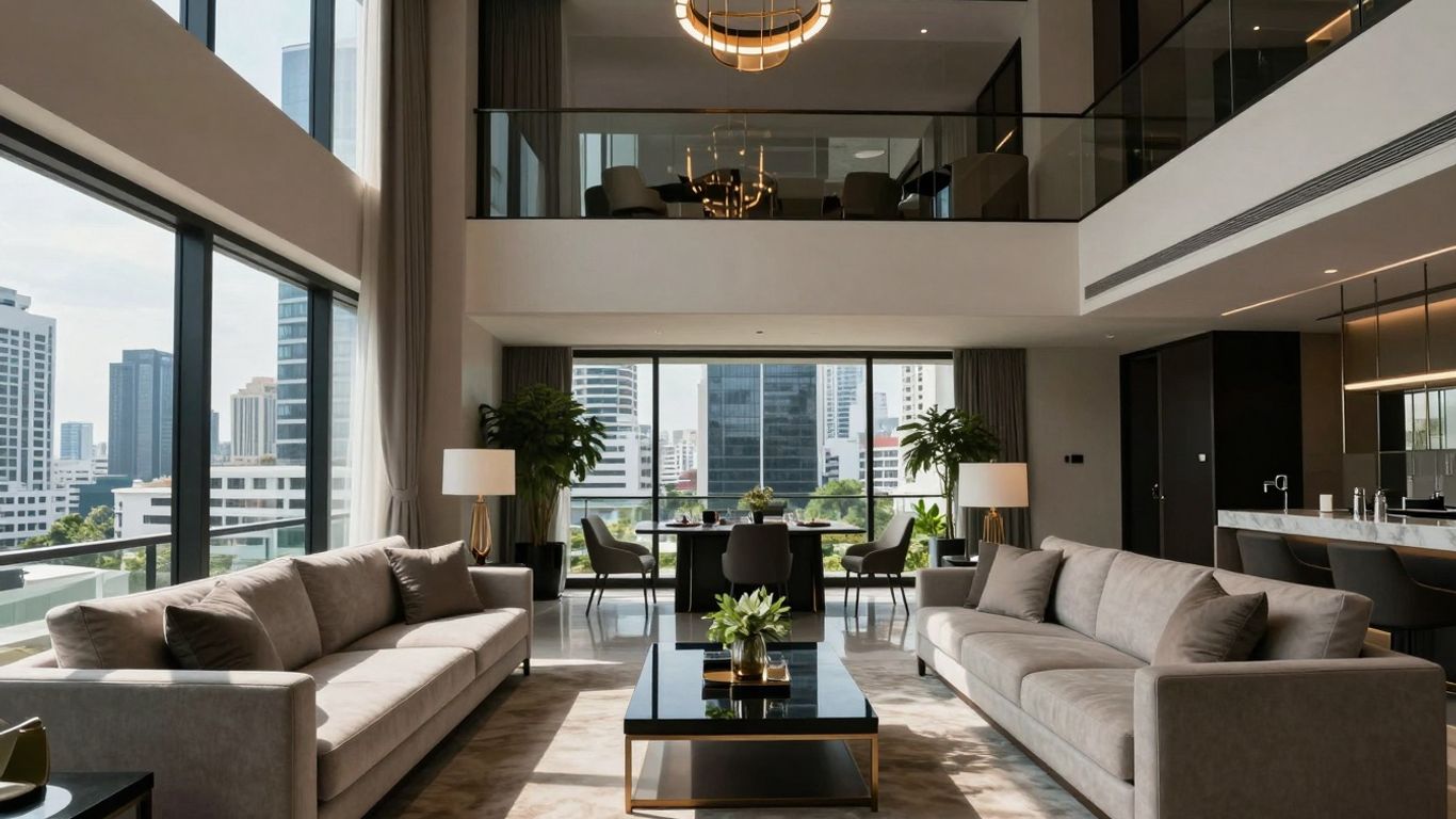 Serviced apartment interior with Bangkok skyline view.