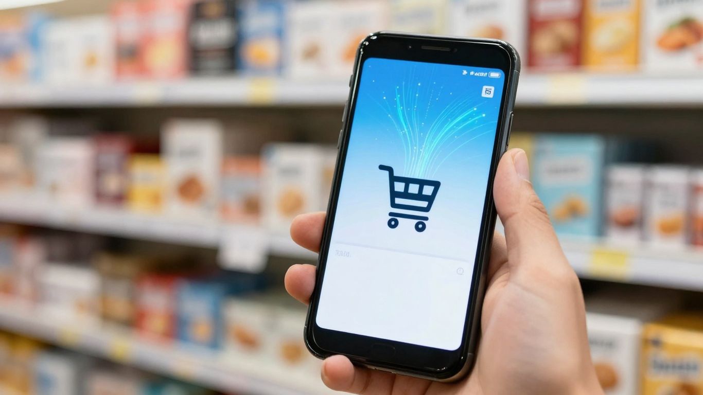 Amazon seller dashboard with product shelves and shopping cart.