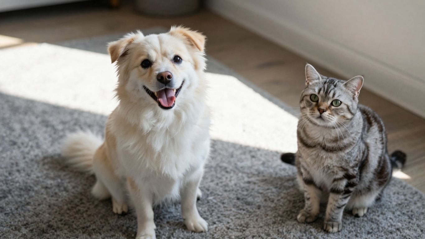 Happy dog and cat relaxing together indoors.