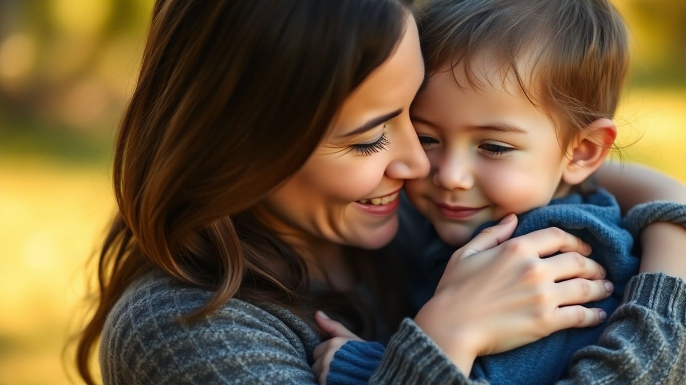 Mutter und Kind in herzlicher Umarmung.