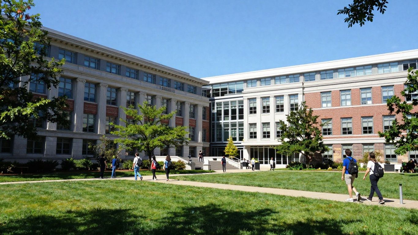 Stevens Institute of Technology campus building with students and greenery.