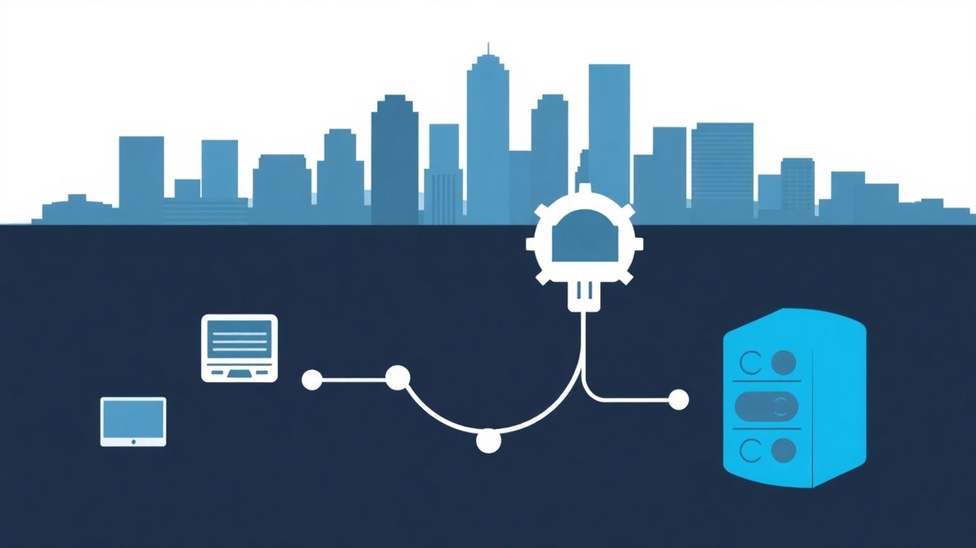 Austin IT services infographic with tech icons and skyline.