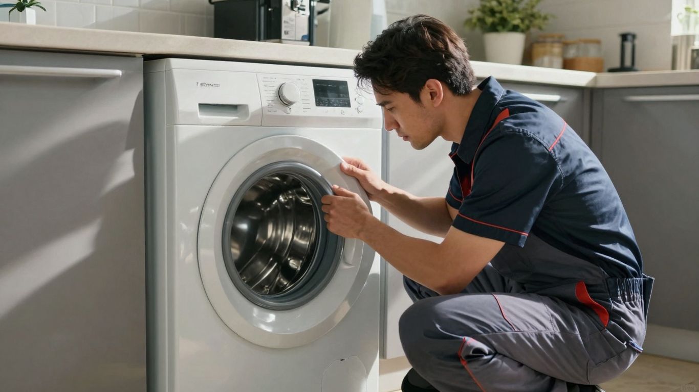 Appliance repair technician fixing a washing machine in a kitchen.