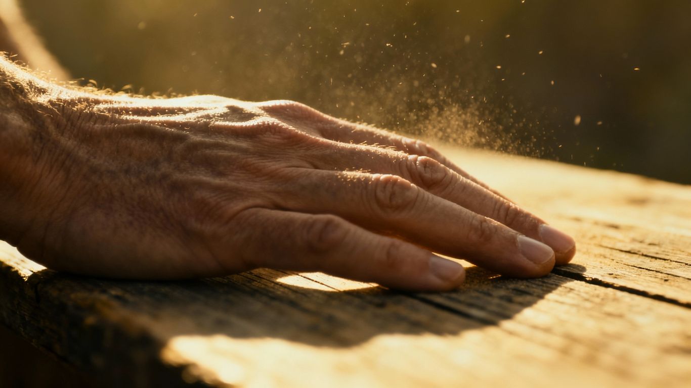 Hand touching a textured surface, soft light.