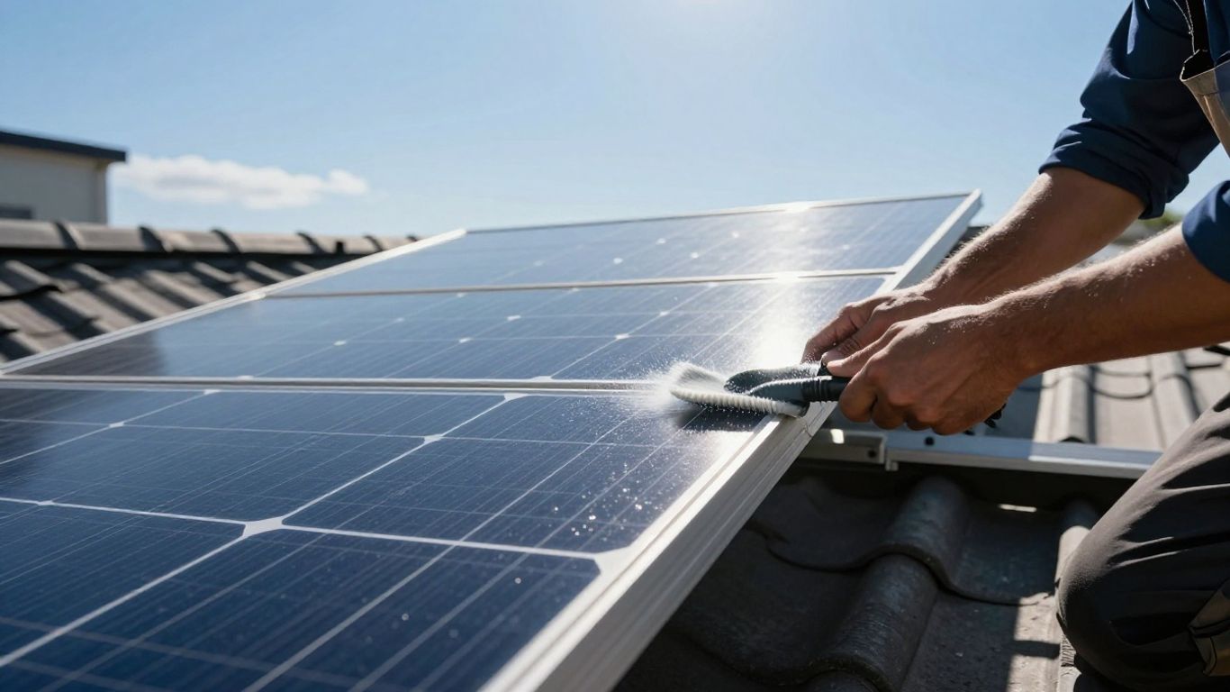Nettoyage de panneaux solaires sur un toit ensoleillé.