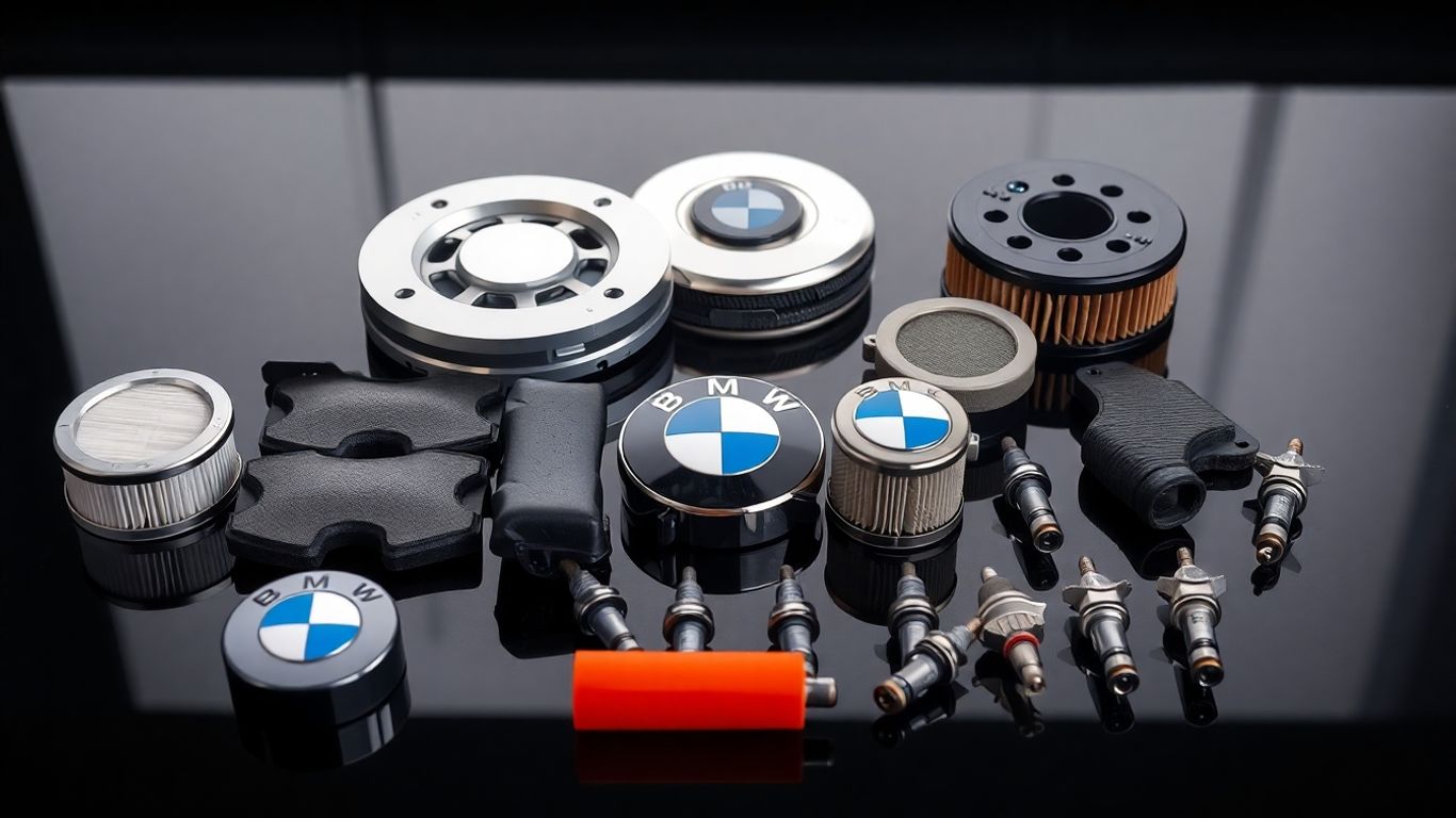 BMW spare parts laid out on a dark surface.