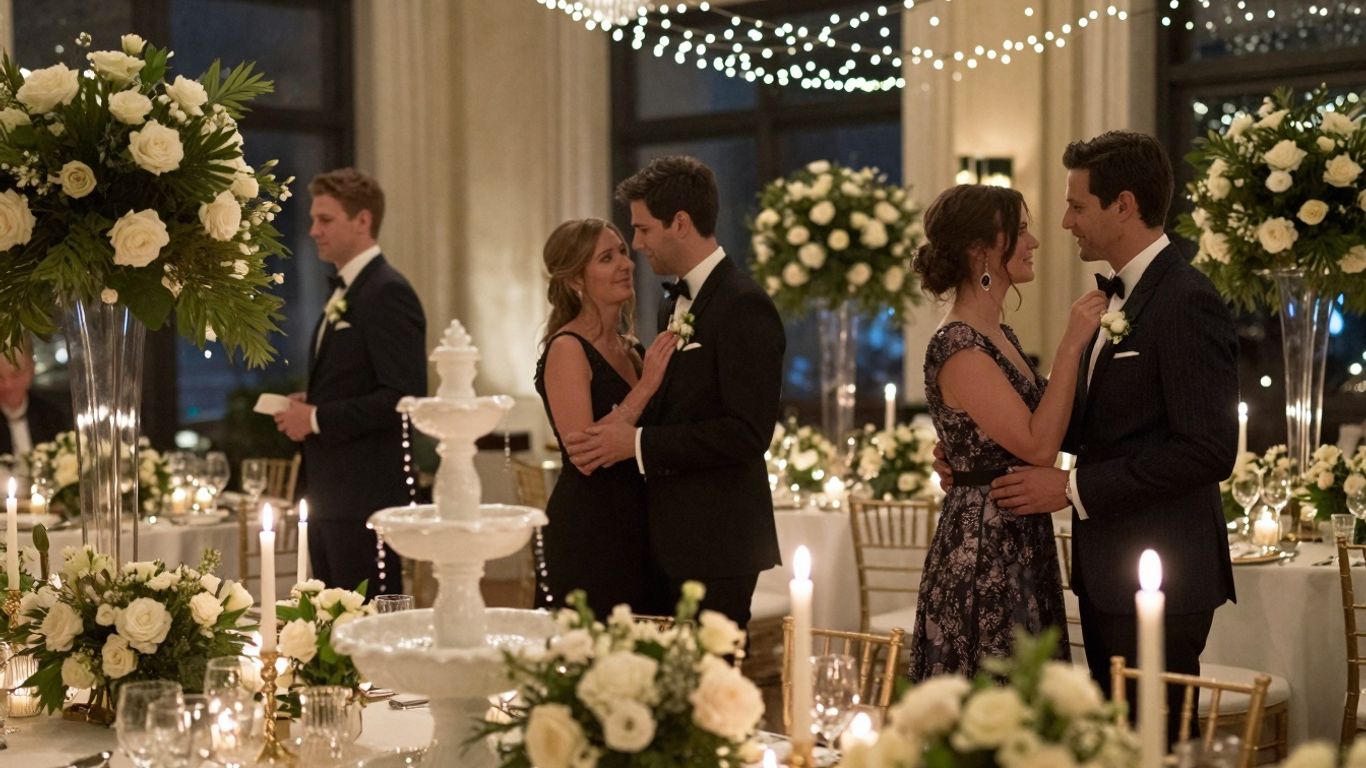 Elegant anniversary party venue with candles, flowers, and champagne.