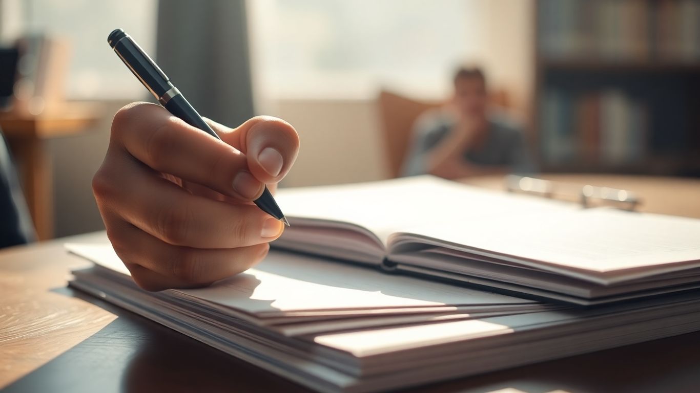 Hands writing elegantly in a notebook.