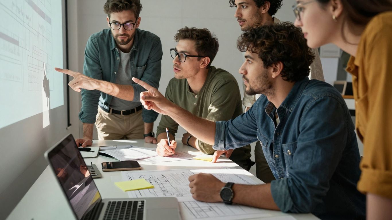 Entrepreneurs collaborating on startup plans.