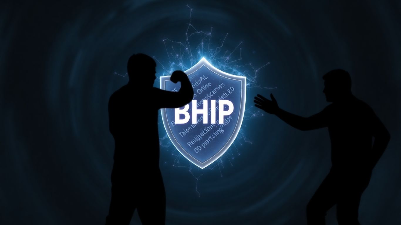 Digital shield protecting BHIP from shadowy attackers.