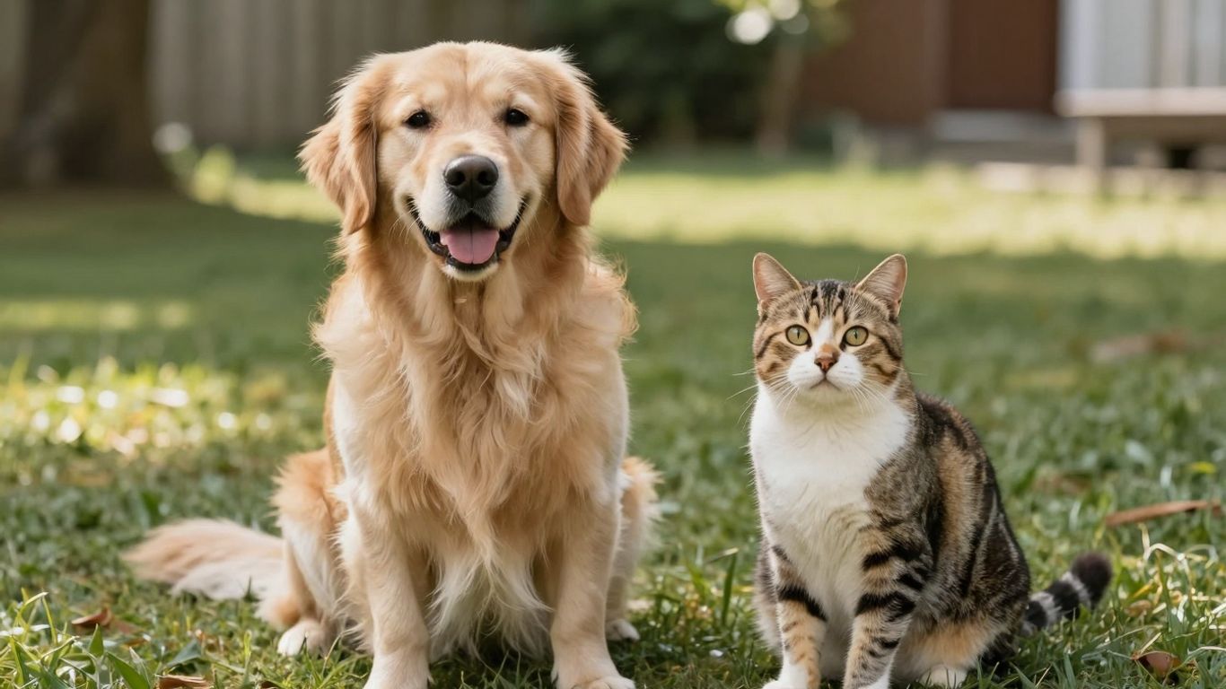 Happy dog and cat on a sunny lawn.