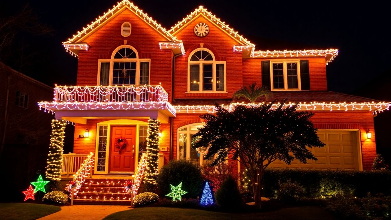 Illuminated house with permanent Christmas lights in Oakville.