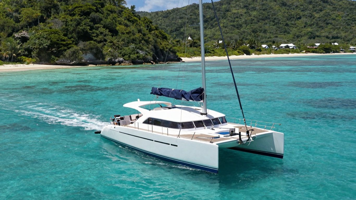 Catamaran sailing in clear Caribbean waters near islands.