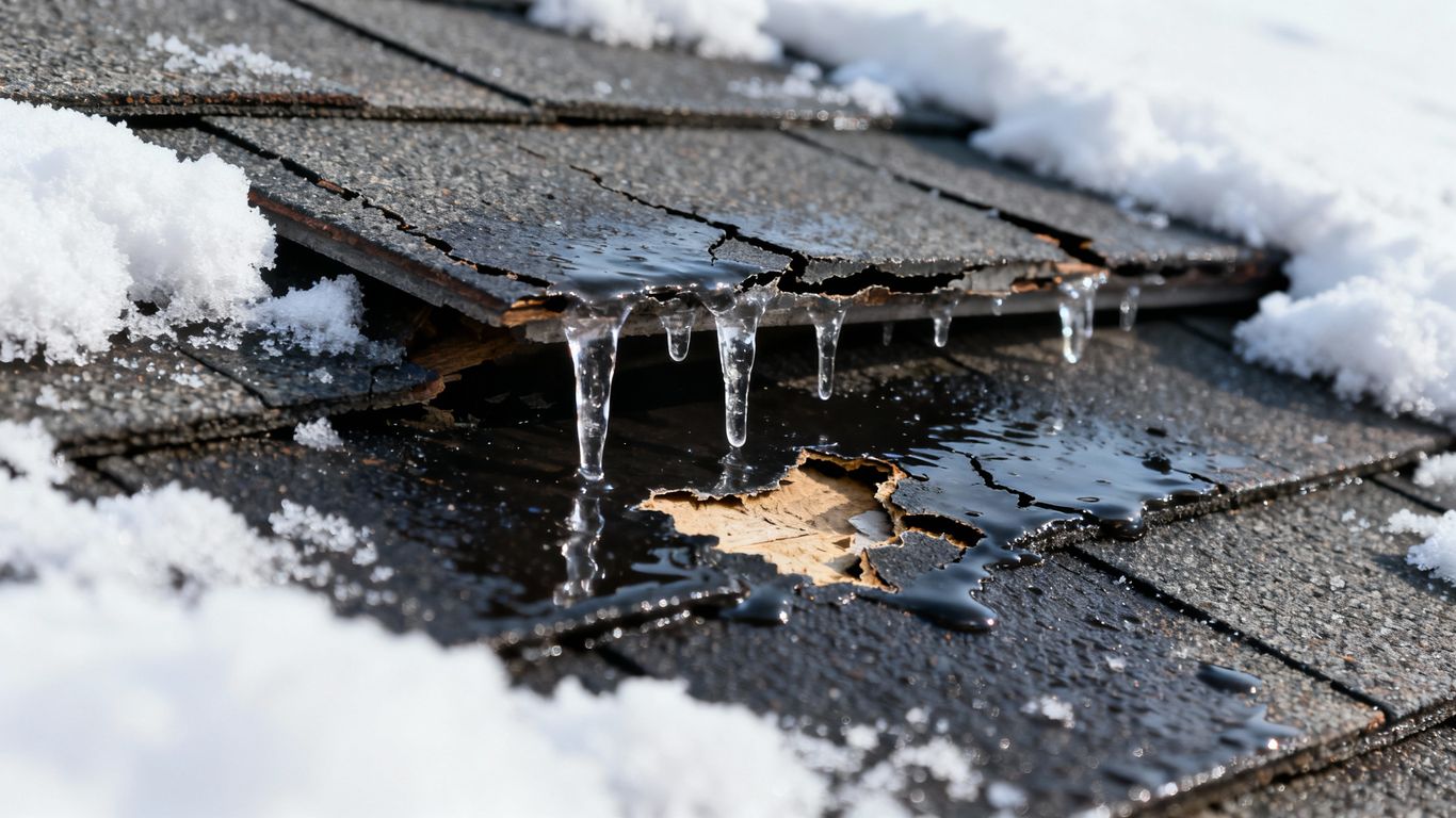 Damaged roof with icicles and missing shingles in winter.