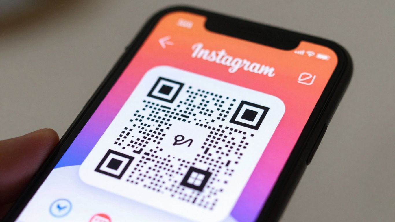 Smartphone showing Instagram profile with QR code.