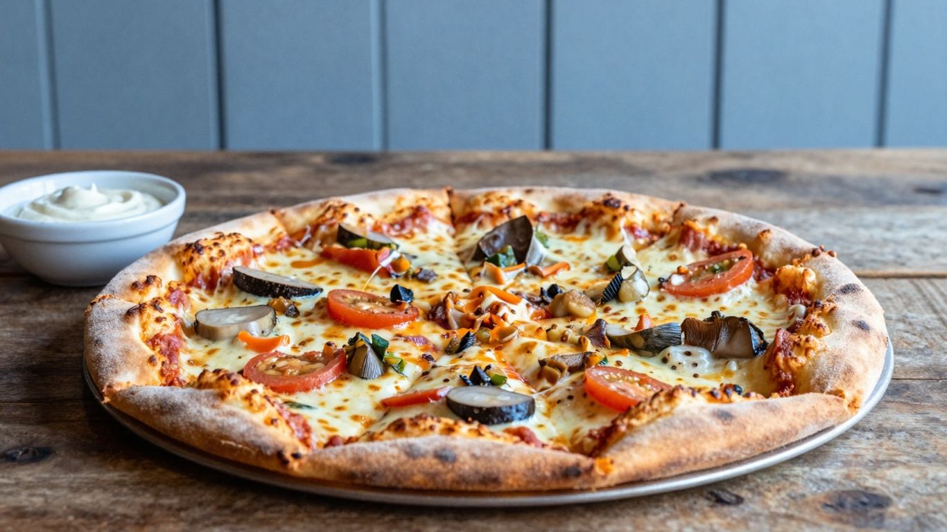 Pizza Hut pizza with cheese and dipping sauce