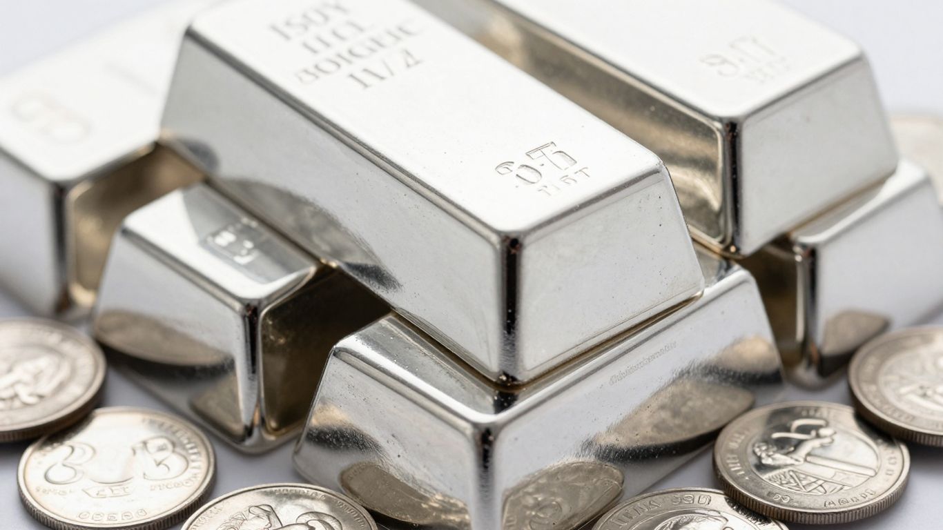 Barres et pièces d'argent brillant, symboles d'investissement.