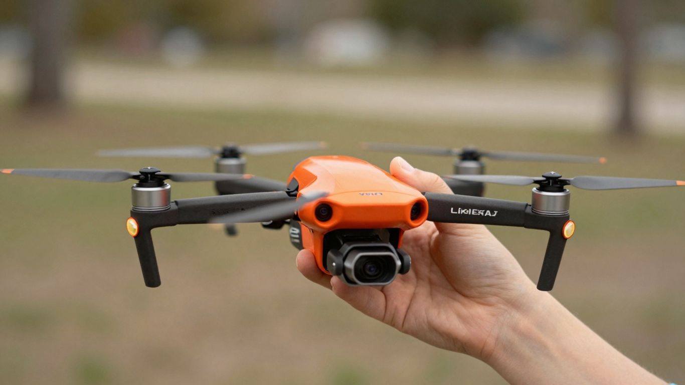 Child holding a colorful drone with another drone flying.