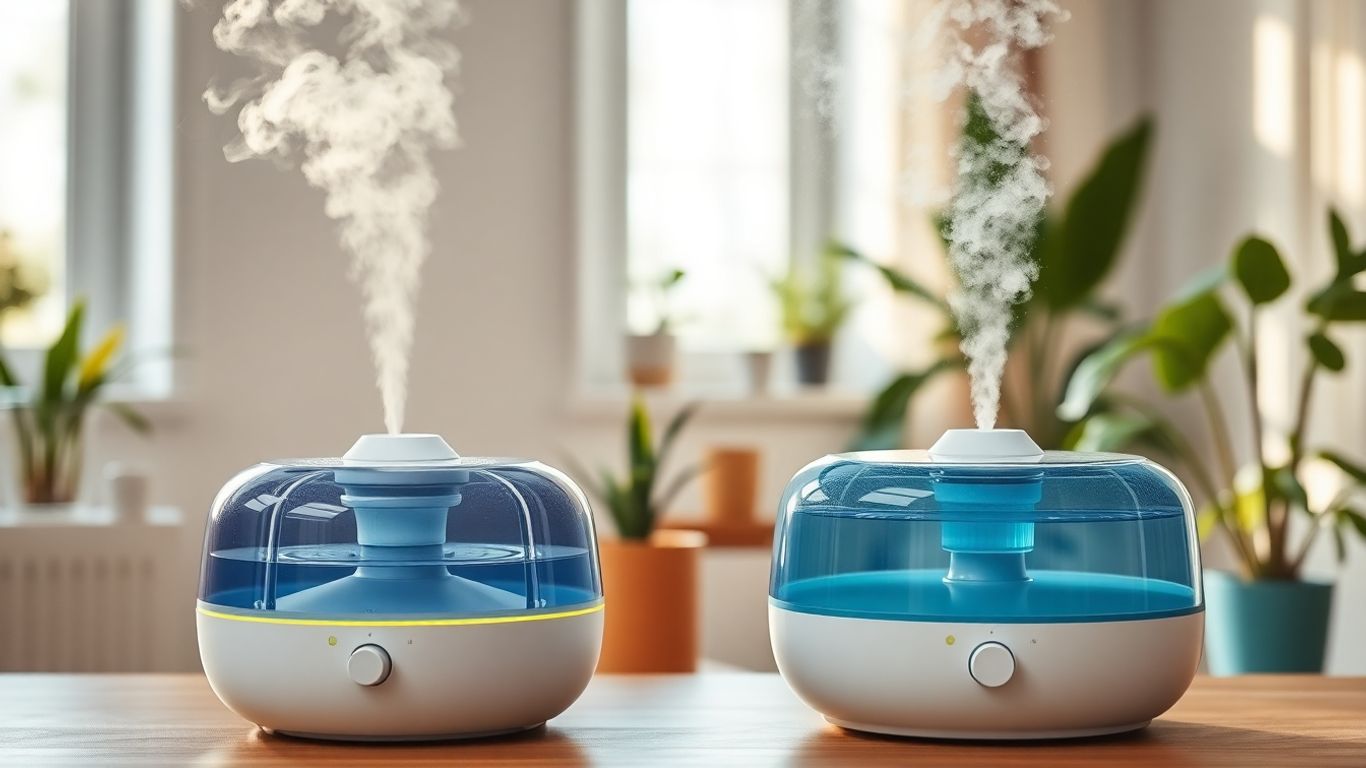 Deux humidificateurs diffusant vapeur chaude et brume fraîche.