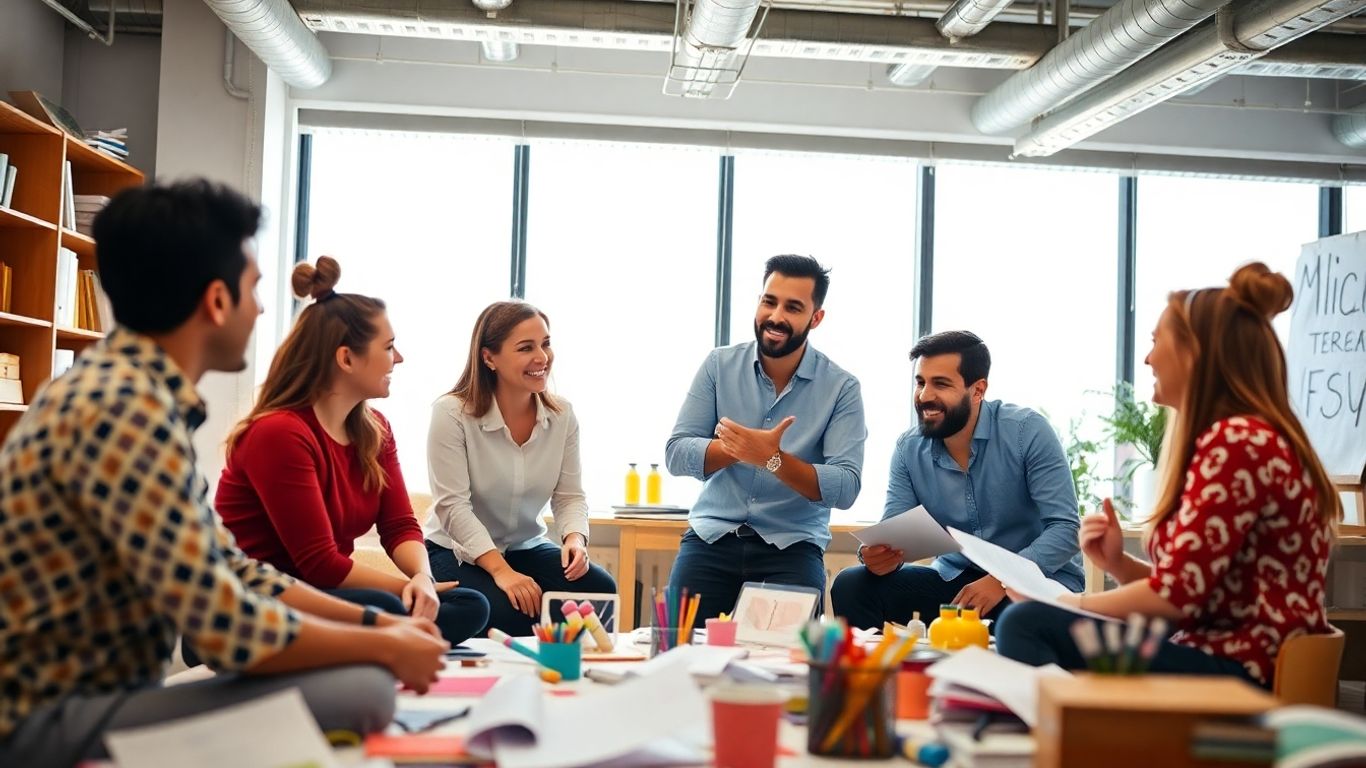 Diverse team brainstorming in a lively, modern workspace