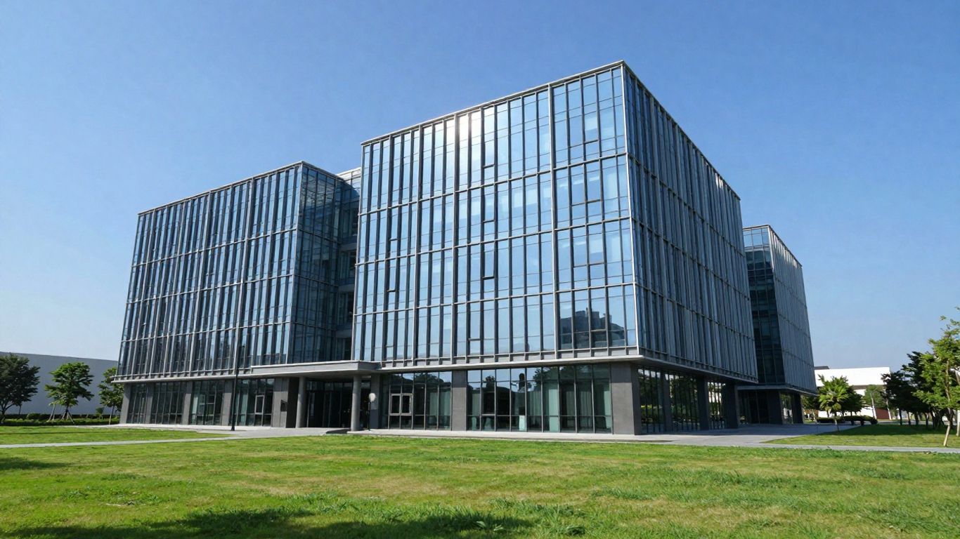 Modern office building exterior with clear sky and green lawn.
