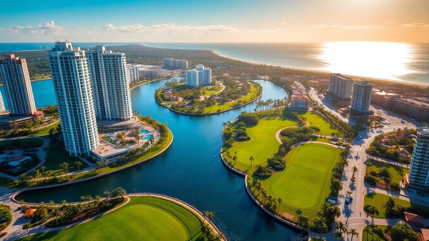 Aventura Florida skyline with luxury condos and waterways.