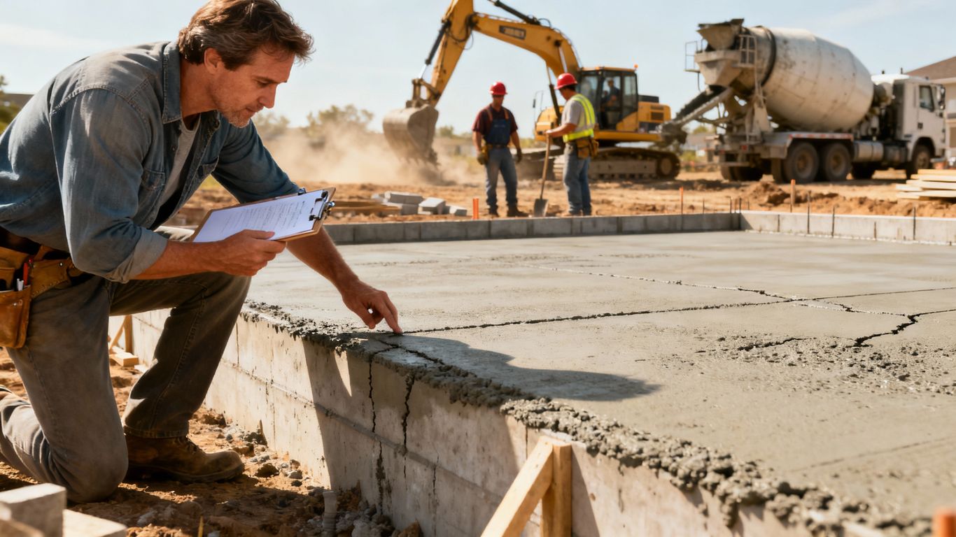 Homeowner inspecting concrete foundation with construction workers.