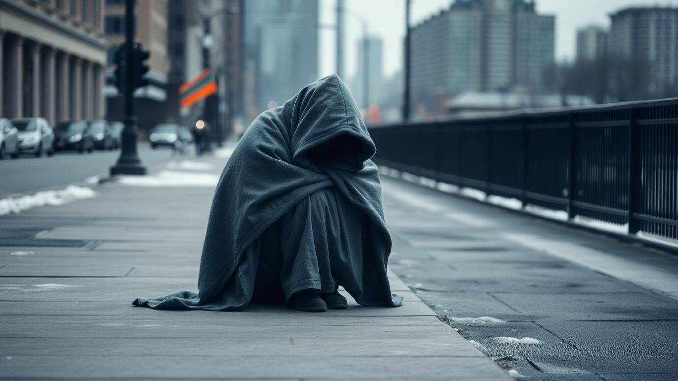 Person experiencing homelessness and mental ill health sits alone.