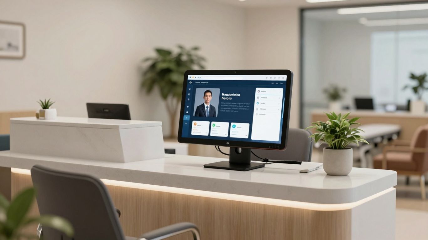 Modern clinic reception with digital interface and treatment room.