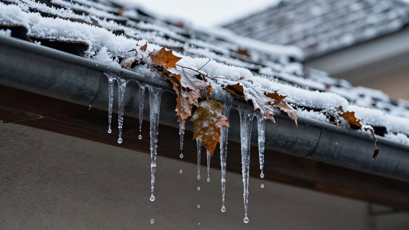 Winter gutter clogged with ice and leaves, dripping water.