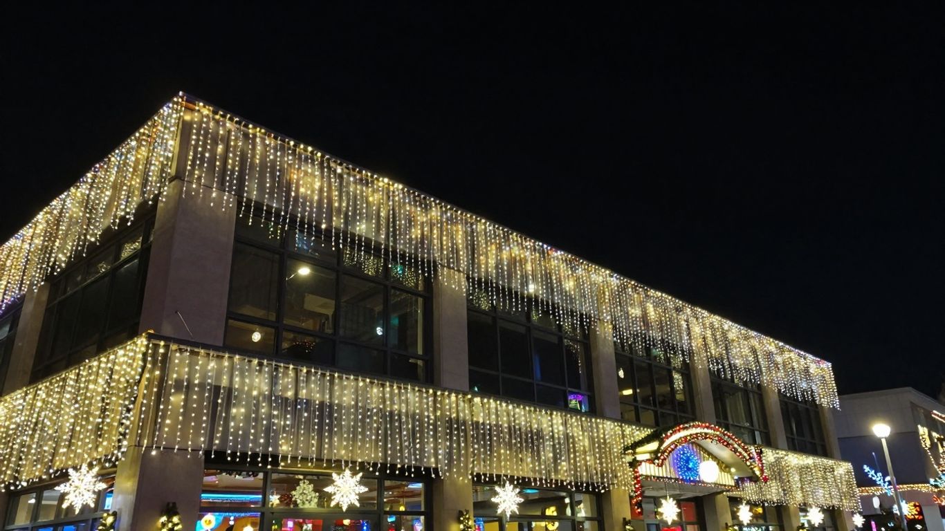 Commercial building decorated with bright Christmas lights at night.
