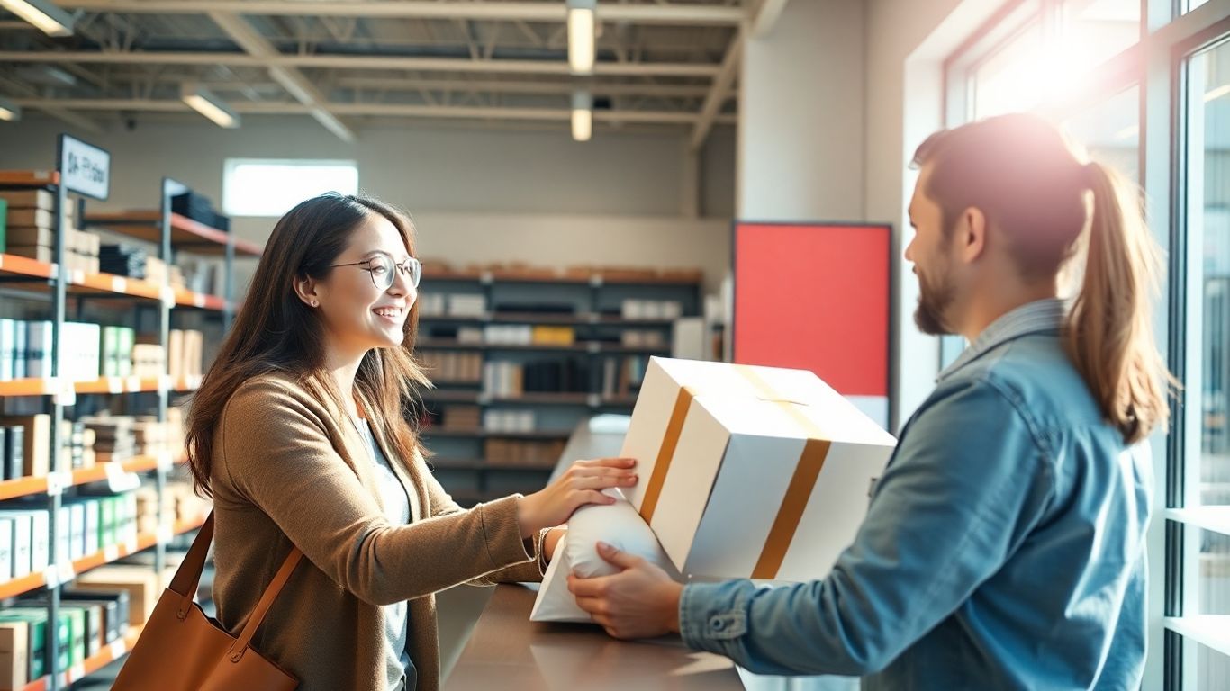 Customer picking up online order in store