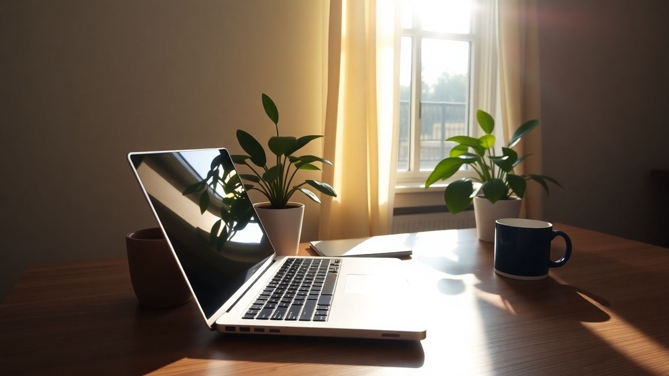 Home office setup with laptop, plant, and coffee mug.