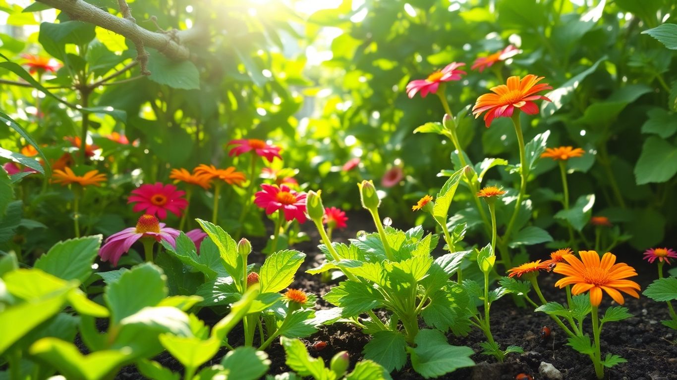 Grădină sănătoasă cu plante verzi și flori colorate.
