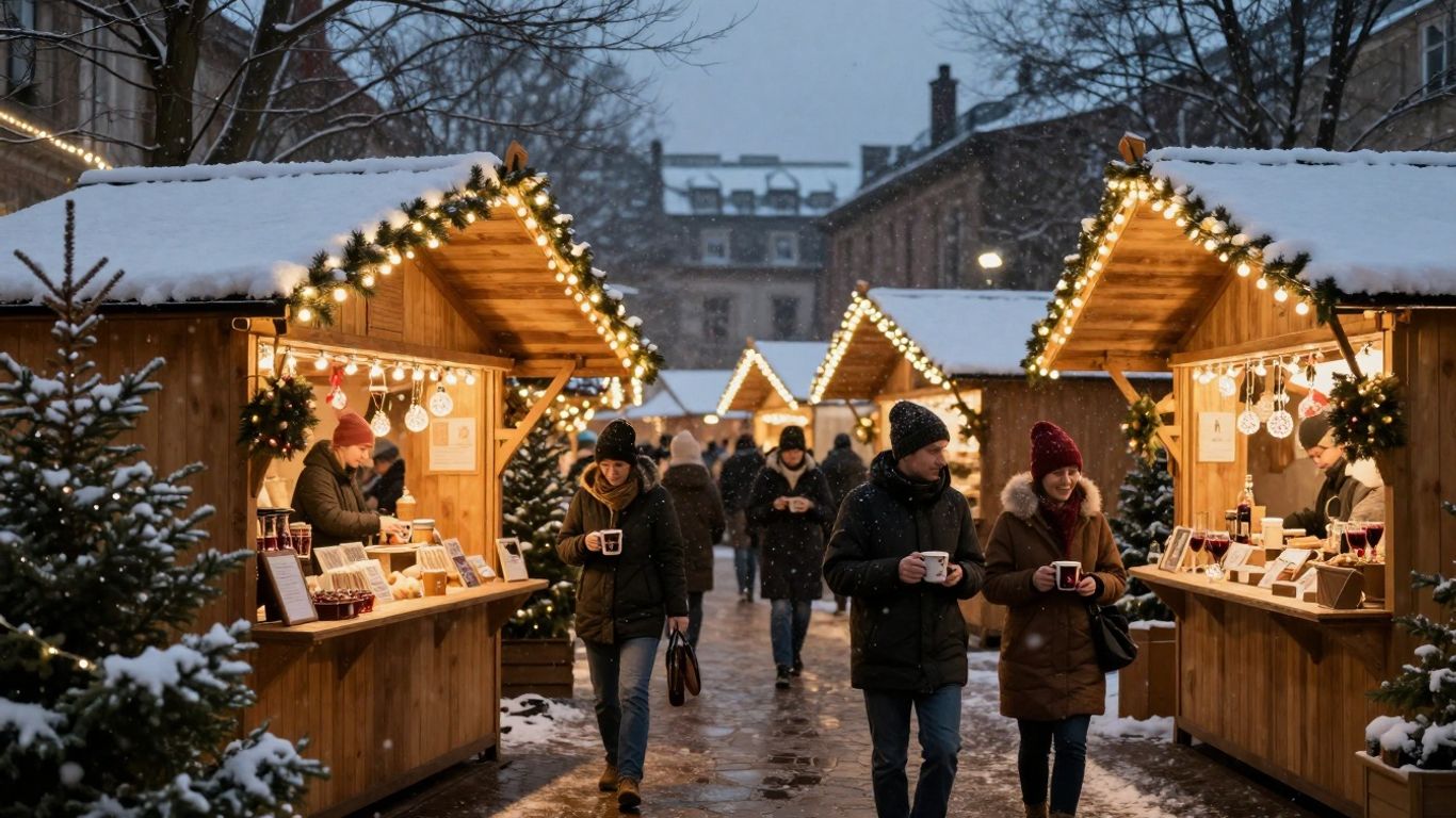 Gemütlicher kleiner Weihnachtsmarkt im Abendlicht mit Lichtern und Ständen.