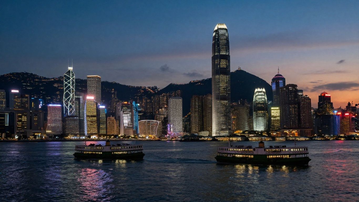 Hong Kong skyline at dusk with illuminated skyscrapers and harbor.