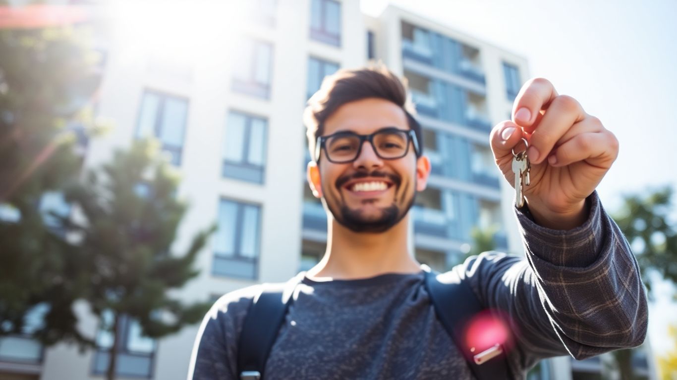 Persona feliz con llaves frente a un edificio de apartamentos.