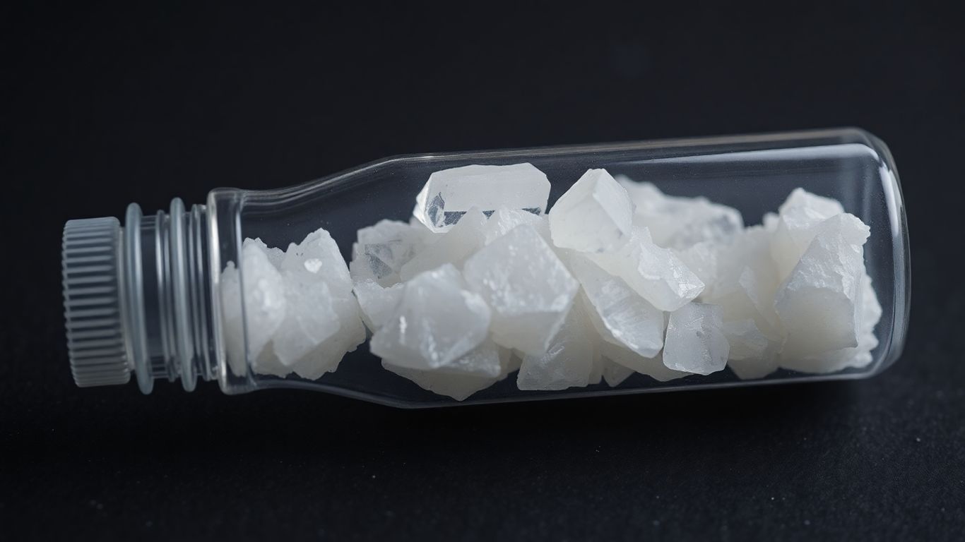 Clear vial with white crystals on dark surface.