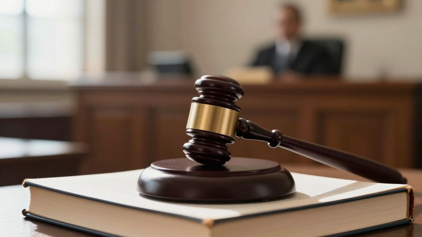 Gavel on law book in courtroom