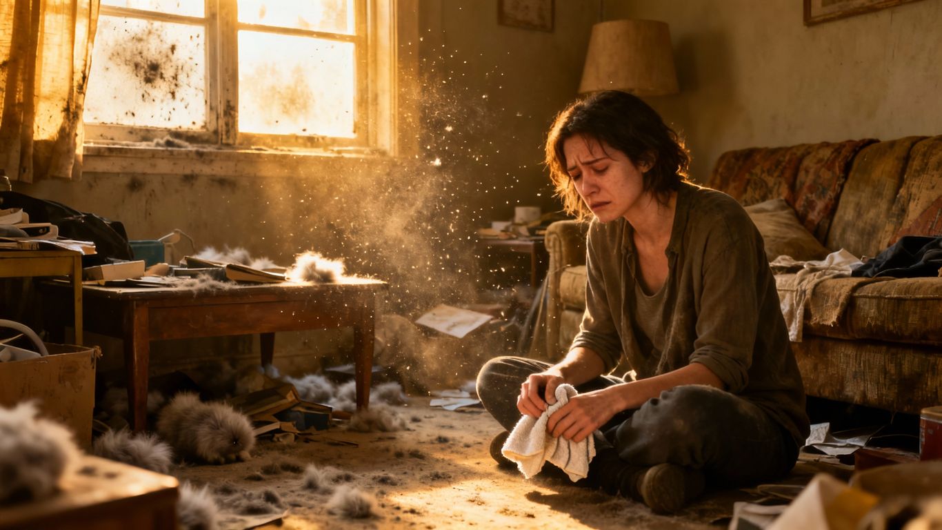 Neupravená obývačka s prachom a neporiadkom.