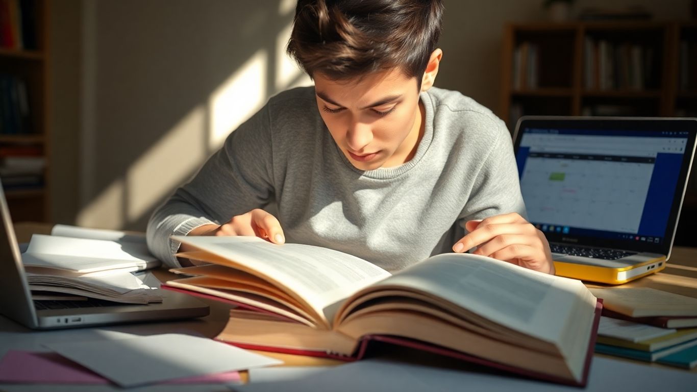 Student studying for IELTS with books and laptop.